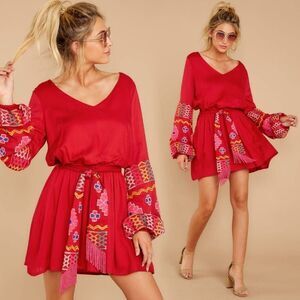 Judith March Womens Red Tie Front Gypsy Embroidered Floral Mini Dress Size M